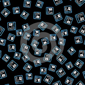 Line Software, web developer programming code icon isolated seamless pattern on black background. Javascript computer