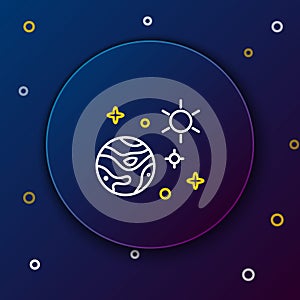 Line Space and planet icon isolated on blue background. Planets surface with craters, stars and comets. Colorful outline