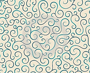 Line spiral abstract seamless pattern background.Curl ornament floral endless waves strokes.Sea aqua water swirl decoration