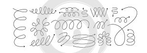 Line spiral spring arrow vector illustration set. Y2k aesthetic design element. Springy flexible object. Modern