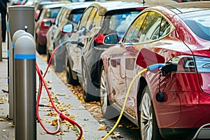 A line of stationary vehicles parked side by side in a designated parking lot, A row of electric vehicles charging at a busy city