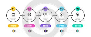 Line step infographic. 5 options workflow diagram, circle timeline number infograph, process steps chart. Linear vector photo