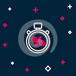 Line Stopwatch and percent icon isolated on blue background. Time timer sign. Colorful outline concept. Vector