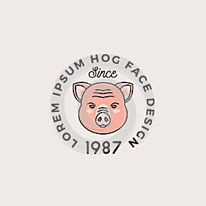 Line Style Hog Face with Retro Typography. Abstract Vector Sign, Symbol or Logo Template. Cartoon Pig Head Silhouette.