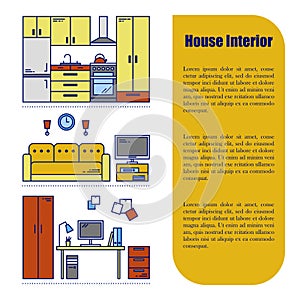 Line style infographics with interior design elements. Vector illustration. Furniture interior graphic background