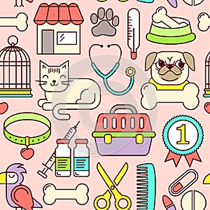 Line style seamless vector illustration with pets icons. Linear vet pattern on white. Line style veterinarian background. G