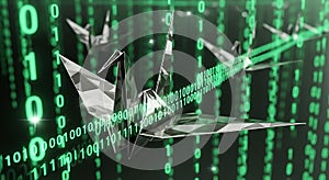 Origami Cranes Flying Through Digital Binary Code Matrix - Technology and Innovation Concept