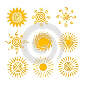 Line sun icons collection with decorative elements vector isolated on white background. Hot weather suns vector