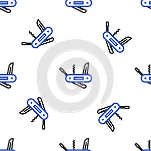 Line Swiss army knife icon isolated seamless pattern on white background. Multi-tool, multipurpose penknife