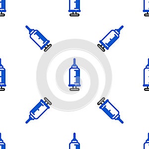 Line Syringe with pet vaccine icon isolated seamless pattern on white background. Dog or cat paw print. Colorful outline