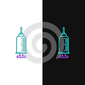 Line Syringe with pet vaccine icon isolated on white and black background. Dog or cat paw print. Colorful outline