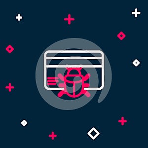 Line System bug in credit card icon isolated on blue background. Code bug concept. Bug in the system. Bug searching