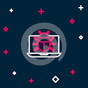 Line System bug on monitor icon isolated on blue background. Code bug concept. Bug in the system. Bug searching