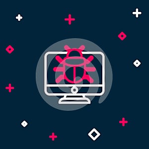 Line System bug on monitor icon isolated on blue background. Code bug concept. Bug in the system. Bug searching