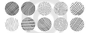 Line texture set with different hand drawn circle patterns. Vector scribble, horizontal and wave strokes collection.