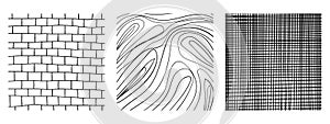 Line texture set with different hand drawn squares patterns. Pencil lines on white background