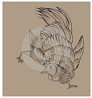 Line thai peony flower with traditional bird isolate on white background.