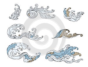 Line Thai wave tattoo.Japanese wave vector set and thai style.Outline Japanese wave dawn from Line Thai style.