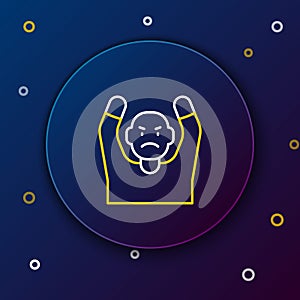 Line Thief surrendering hands up icon isolated on blue background. Man surrendering with both hands raised in air