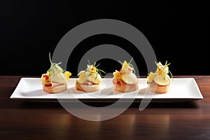 a line of three eggs benedicts on a long rectangular plate, ready to serve