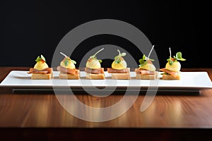 a line of three eggs benedicts on a long rectangular plate, ready to serve