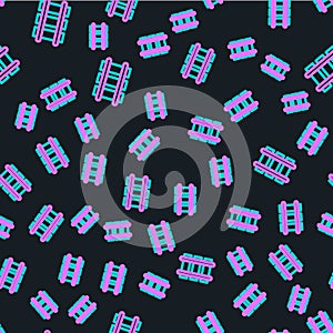 Line Toy railway, railroad track icon isolated seamless pattern on black background. Vector