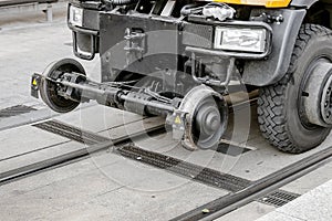 Line track maintenance vehicle doing rail repair and cleaning