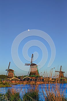 Line of Traditional Dutch Windmills in the Village of Zaanse Schans, in the Netherlands