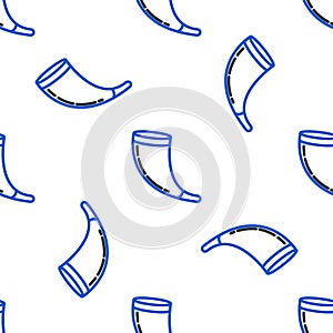 Line Traditional ram horn, shofar icon isolated seamless pattern on white background. Rosh hashanah, jewish New Year