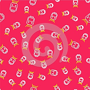 Line Train and railway icon isolated seamless pattern on red background. Public transportation symbol. Subway train