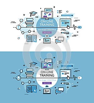 On-line training. Flat line color hero images and hero banners d