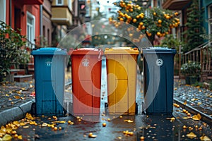 A line of trash cans placed neatly along the side of a road, awaiting collection or disposal, mockup
