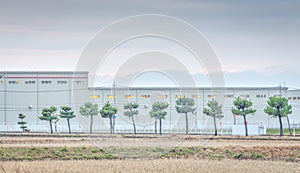 Line of trees with industrial building behind. Komatsu, Japan