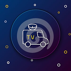 Line TV News car with equipment on the roof icon isolated on blue background. Colorful outline concept. Vector