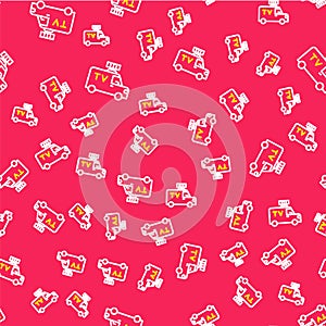 Line TV News car with equipment on the roof icon isolated seamless pattern on red background. Vector