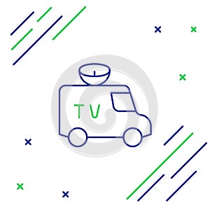 Line TV News car with equipment on the roof icon isolated on white background. Colorful outline concept. Vector