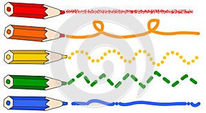 Line types. Different Zig zag, wavy, curved, dashed, dotted, ragged, stipple hatch edge collection. Red green, blue, yellow orange