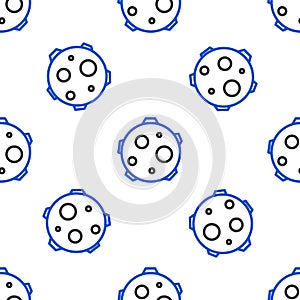 Line UFO abducts cow icon isolated seamless pattern on white background. Flying saucer. Alien space ship. Futuristic