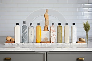 a line of unbranded jarred lotions on a granite slab