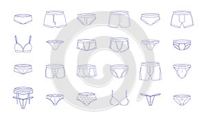 Line underpants. Outline male swimwear sketch, mens underwear boxer shorts, summer vacation togs and sportswear. Vector