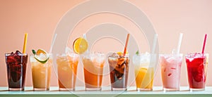 line up of iced drinks with straws in small cups