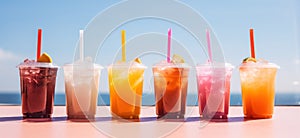 line up of iced drinks with straws in small cups