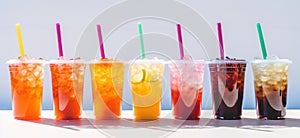 line up of iced drinks with straws in small cups