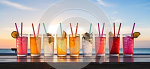 line up of iced drinks with straws in small cups