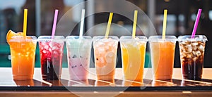 line up of iced drinks with straws in small cups