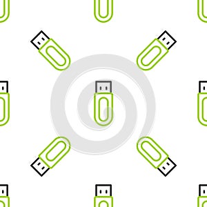 Line USB flash drive icon isolated seamless pattern on white background. Vector