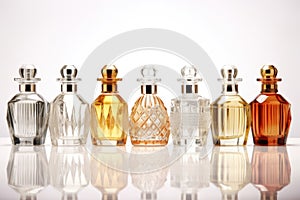line of various perfume bottles against a neutral backdrop