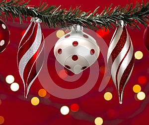 Line of Various Red and White Christmas Ornaments