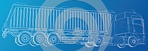 Line vector construction machinery truck tipper. Industrial style. Corporate cargo delivery. Created illustration of 3d