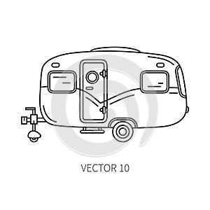 Line vector icon retro tourism auto trailer. Classic 1950s style. Nostalgia antique automobile family camping. Summer